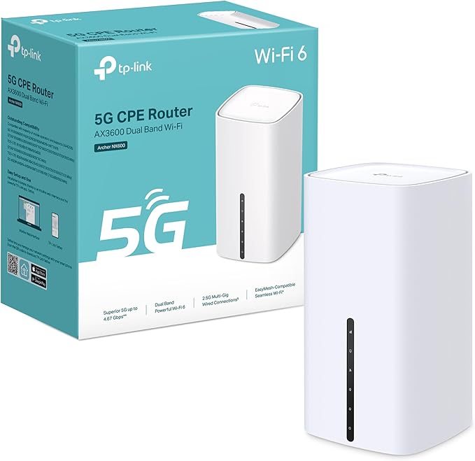 5G WiFi როუტერი TP-link Archer NX600 5G AX3600 Wireless Dual-Band 2.5 Gig Router | download speeds up to 4.67 Gbps | Dual-Band Wi-Fi 6 Speed - 2402 Mbps (5 GHz) + 1148 Mbps (2.4 GHz) | Enjoy 5G network right after inserting a SIM card | 2.5 Gbps WAN/LAN Port | 2 × External SMA-F Antenna Interface | 8 × 5G/LTE Internal Antennas 2 × Wi-Fi Internal Antennas