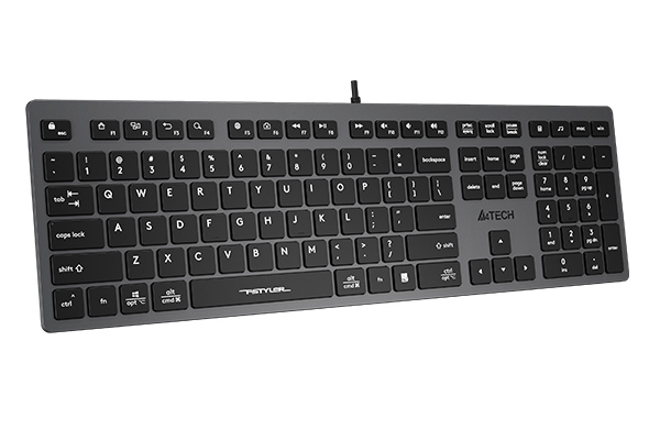 კლავიატურა A4tech FX50 Fstyler Low Profile Scissor Switch Keyboard, USB (Grey) (US+Russian) | Keycaps: Ultra-Slim | Actuation Point: 1.8 ± 0.3 mm | Hotkeys: 12 FN Multimedia Hotkeys | Character: Silk Printing + UV | Splash Proof: Yes| Cable: 150 cm | Port: USB | Illuminated: No | System Platform: Windows / Mac