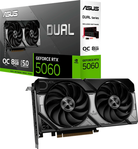 ვიდეო ბარათი ASUS Dual GeForce RTX™ 5060 8GB GDDR7 OC Edition (DUAL-RTX5060-O8G) PCI-E 5.0, core - 2280 MHz, Boost - 2535MHz, 8GB GDDR7 28000 memoryMHz, 128 bit, HDMI, 3xDisplayPort, length 228 mm, Retail (90YV0N12-M0NA00)